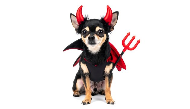 A small dog in a devil costume with horns and a pitchfork