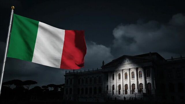 Italian Flag Waving at Night over Illuminated Historic Building