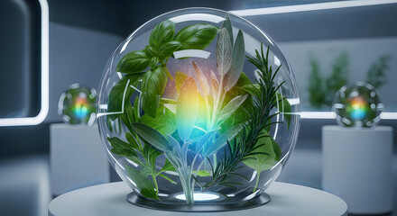 Naklejka premium Fresh Herbs inside Glass Sphere with Rainbow Light in Futuristic Laboratory