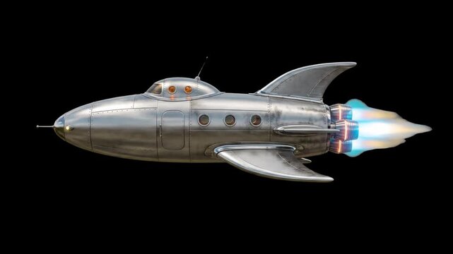 A detailed 3D animation of a classic retro-futuristic or steampunk-style rocket ship with round porthole windows, metallic fins, and glowing blue thruster exhausts flying against a black background.