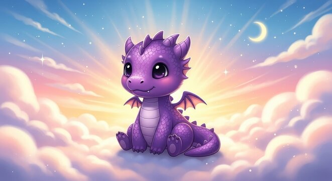 Cute purple baby dragon sitting on clouds in the sky with crescent moon.