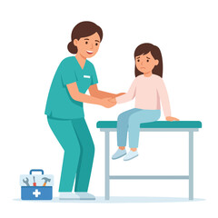 Fototapeta premium A smiling nurse in teal scrubs examines a sad young girl sitting on a medical table, with a first-aid kit nearby containing tools.