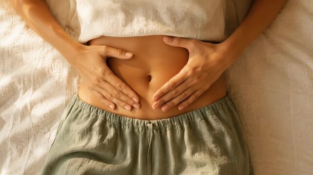Gentle Hands on Relaxed Belly Promoting Gut Health and Wellness for Calm and Relaxation in Top Down Approach to Wellness