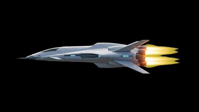 A 3D render of a sleek, aerodynamic silver sci-fi spacecraft or military shuttle flying horizontally with glowing yellow and orange jet engine exhausts against a solid black backdrop.
