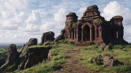 Fototapeta premium Ancient temple ruins stand majestically on a green hillside beneath a vast open sky, showcasing forgotten history.
