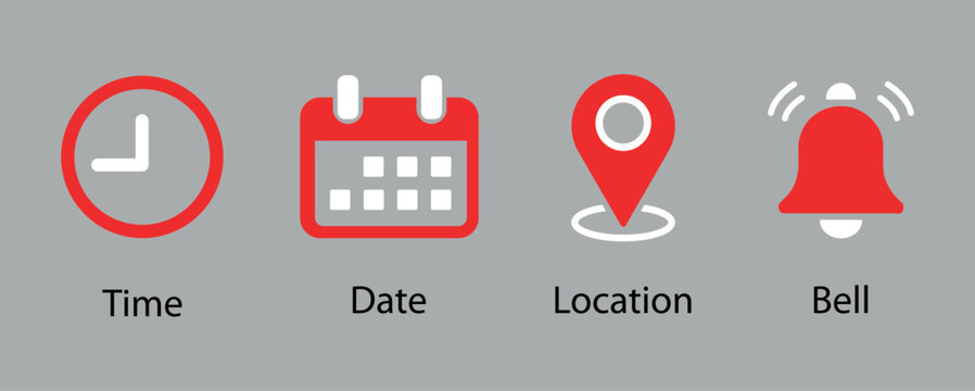 Time, date and address icon set vector. Clock, calendar, location pin marker signs, flat simple business meeting schedule or event calendar reminder symbol, booking design concept. PNG illustration.