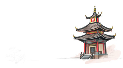 Fototapeta premium Pagoda Asian Architecture Traditional Temple Building Illustration with Decorative Floral Element