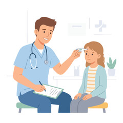 Obraz premium A male doctor in blue scrubs checks a sad young girl's temperature with a digital thermometer while writing notes on a clipboard in a clinic.
