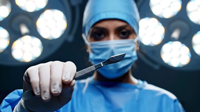 Female surgeon in blue scrubs holding a scalpel in an operating room under surgical lights