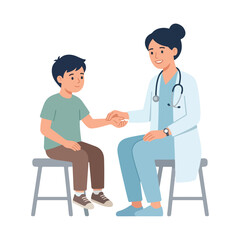 Fototapeta premium A female pediatrician in a white coat and stethoscope sits on a stool, gently holding the hand of a young boy during a medical checkup.