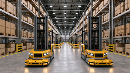Fototapeta premium Warehouse scene with automated forklifts moving boxes at night