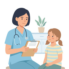 Obraz premium A kind doctor in blue scrubs holds a clipboard and smiles at a young female patient during a checkup in a bright, clean medical office setting.