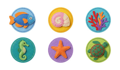 Colorful sea life patches crafted from felt fabric featuring fish seahorse starfish turtle seashell and coral on white background © OKM Studio