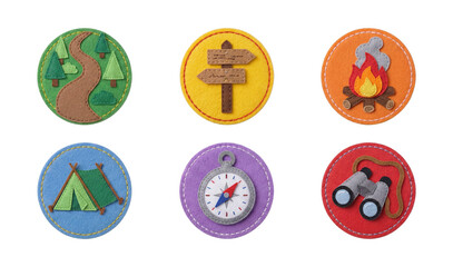 Set of six colorful embroidered felt fabric camping patches with compass campfire tent binoculars path and signpost © OKM Studio