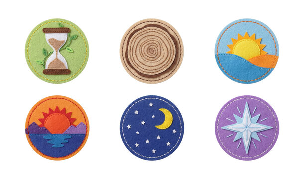 Set of circular embroidery patches representing nature elements like sun, moon, tree rings, and hourglass in Felt Fabric style