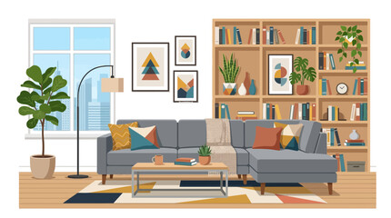 Fototapeta premium Cozy living room with sectional sofa, bookshelf, artwork, and plants