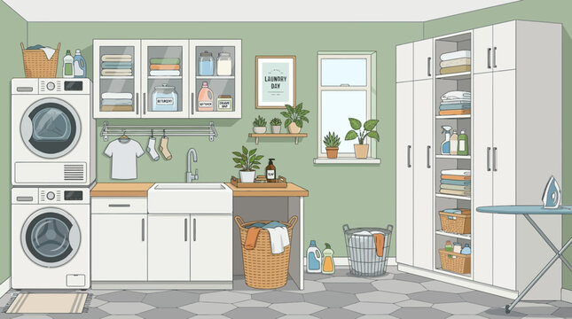 laundry room with washing machine and ironing board