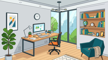 Obraz premium Modern Home Office with Computer, Desk, Bookshelf, and City View