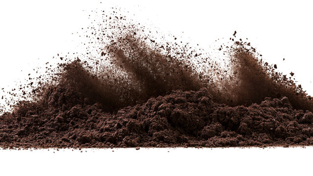 Pile of dark brown soil or cocoa powder on transparent background