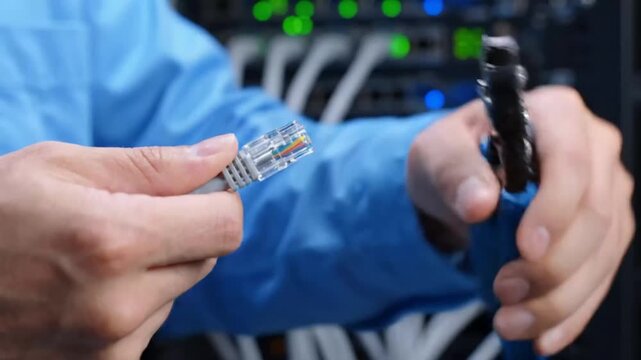Technician Crimping Network Cable Connector in Server Room.
