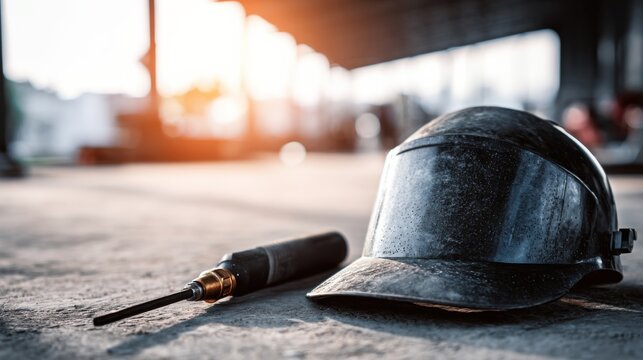 Close-up of a welding mask and torch resting on a steel surface under warm sunlight