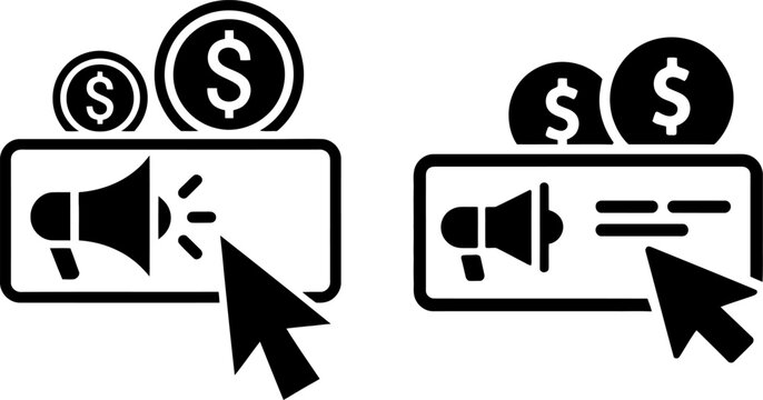 Black and white vector icons of monetized online advertising concepts