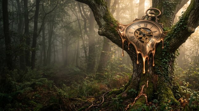 Surreal Melting Clock Draping Over Ancient Tree in Misty Forest