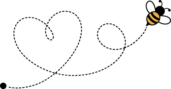 A bee flying along a dotted line in a heart shape