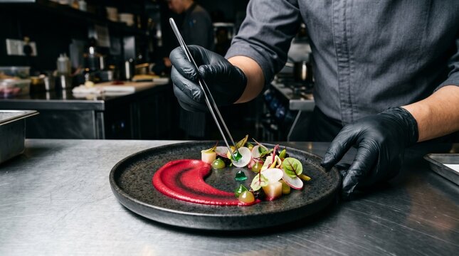 Chef Table Vegan Plating Detail With Fermented Jewel Garnishes