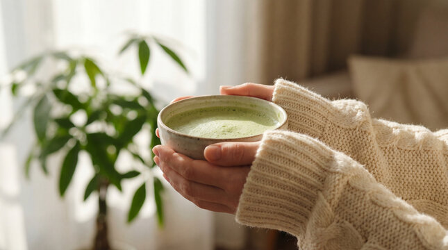 Hands holding ceramic matcha latte bowl with green tea in cozy indoor setting