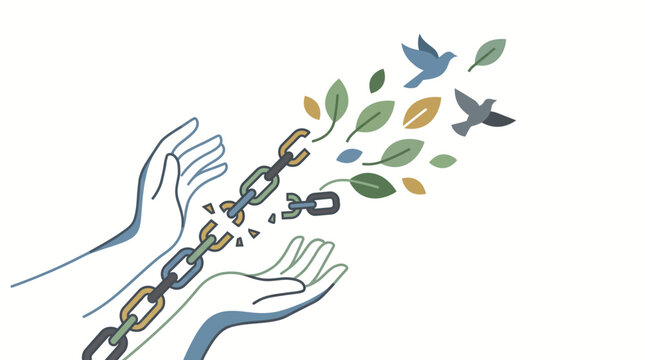 Freedom and liberation concept with hands breaking chains.