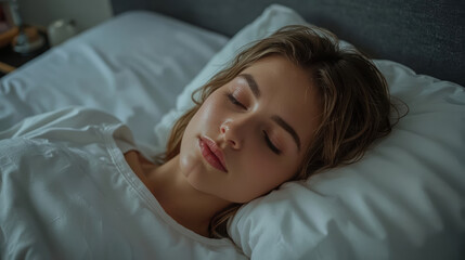Obraz premium Young woman sleeping peacefully in bed with soft pillow and calm expression