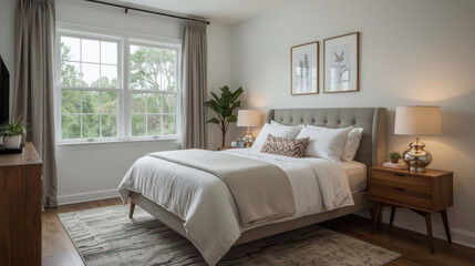 Fototapeta premium Cozy neutral bedroom with tufted bed and natural light