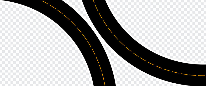 Road, winding and fork highway isolated on transparent background. Journey two lane curve asphalt pathway going into the distance. Route direction and navigation signs for map, Realistic 3d vector set