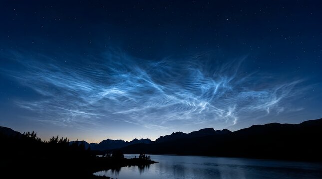 Rare Noctilucent Clouds Glowing Electric Blue in Twilight Night Sky Astrophotography