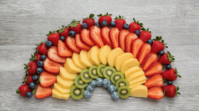 Colorful rainbow fruit platter arranged gradient with strawberry mango kiwi blueberry slices