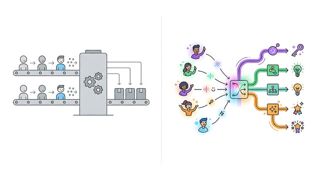 AI personalization upgrade showing outdated system replaced with dynamic real time adaptive experience in clean minimal business technology illustration