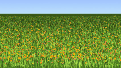 Fototapeta premium Procedural Algorithmic Art, green field with yellow flowers under blue sky