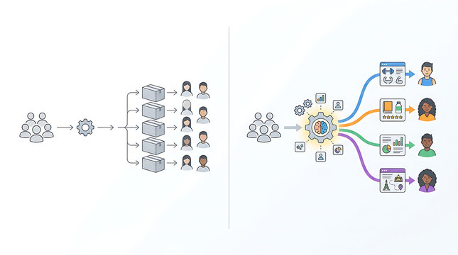 Static system evolving into adaptive personalization workflow in clean minimal business technology illustration