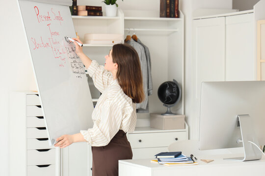 Female tutor giving online English lesson near flipchart at home