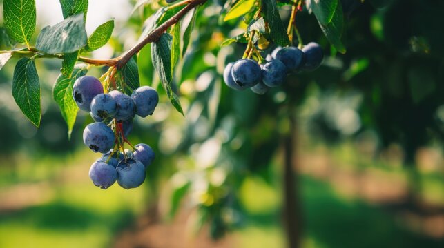 Fresh Blueberries Ripening on a Bush in an Open Farm Setting