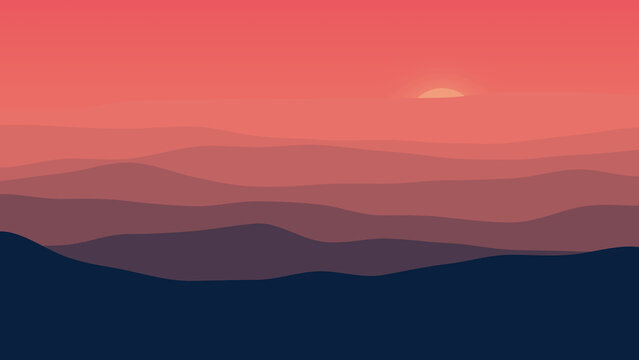 Procedural Algorithmic Art, minimalist mountain landscape at sunset with layered hills