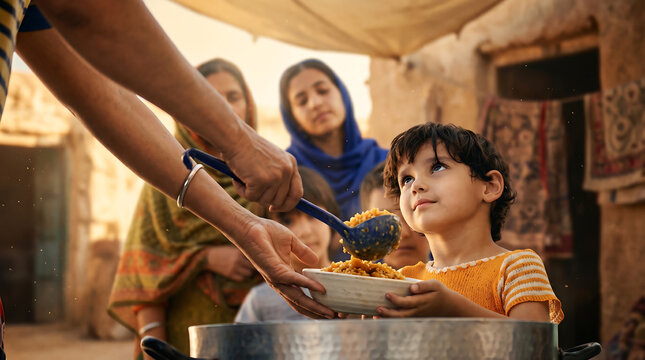 Children receiving food aid from woman in rural community with heartfelt generosity and simple living