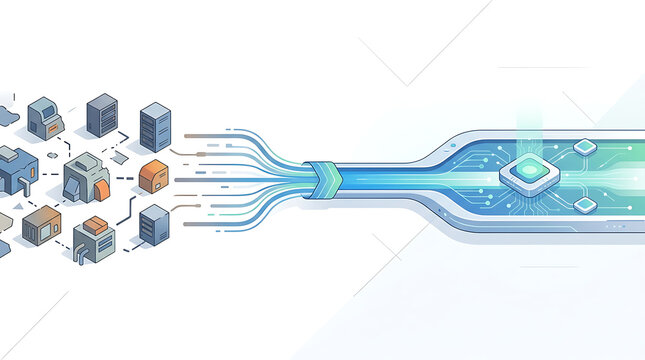 Disconnected legacy systems transformed into integrated AI ecosystem in clean minimal business technology illustration