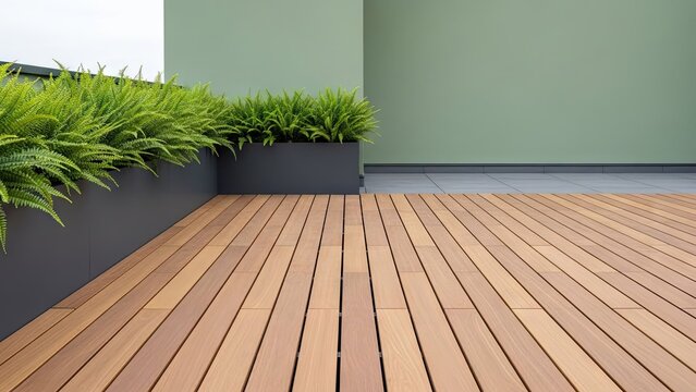 Modern wooden terrace deck with green planter boxes.
