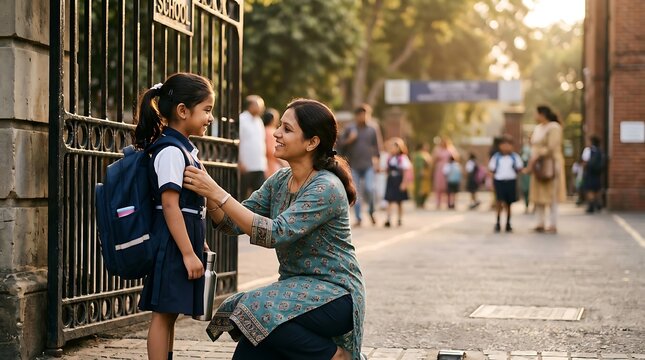A caring Indian mother helps her young daughter prepare for school at the entrance gate.