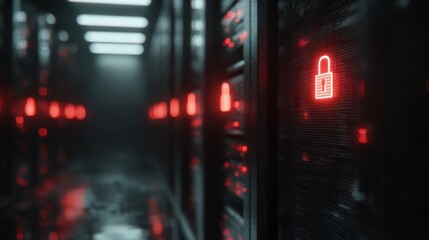 Obraz premium Futuristic data center with glowing red server racks and digital padlock icon symbolizing security and access control