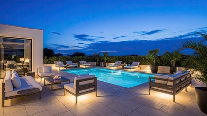 Fototapeta premium Modern swimming pool with lounge furniture at twilight.