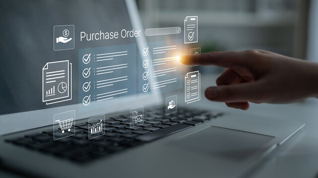 Digital Interaction with Purchase Order Management System on Laptop Screen Enhancing Workflow Efficiency and Business Productivity. Bitwise.