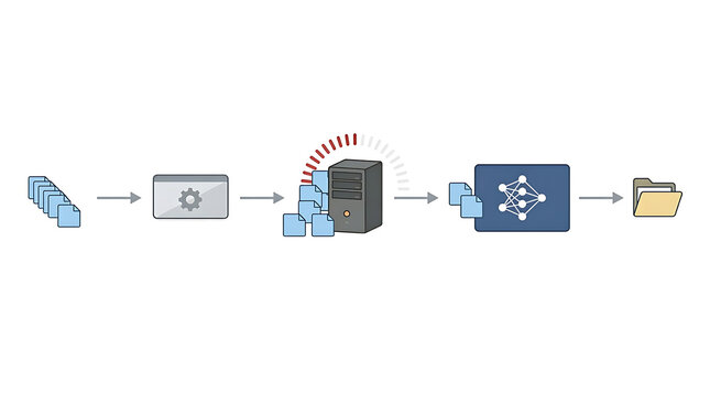 Legacy system latency slowing AI processing workflow in clean minimal business technology illustration